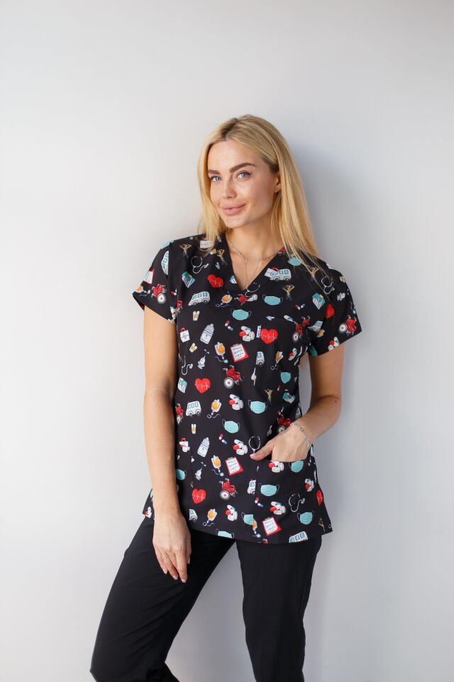 Kadın Likralı Yarasa Kol Hemşire Doktor Takım Maske Desenli Siyah