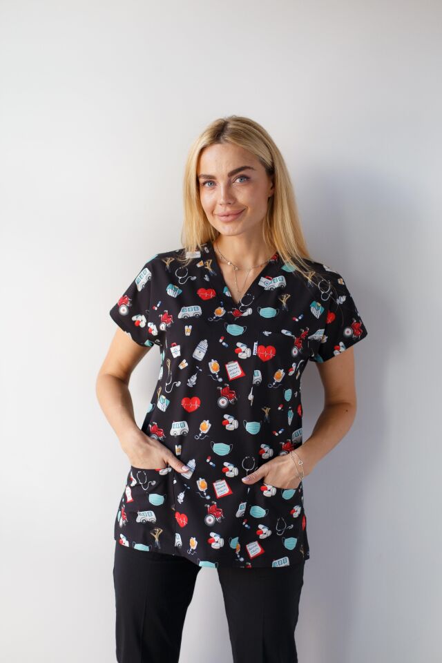 Kadın Likralı Yarasa Kol Hemşire Doktor Takım Maske Desenli Siyah