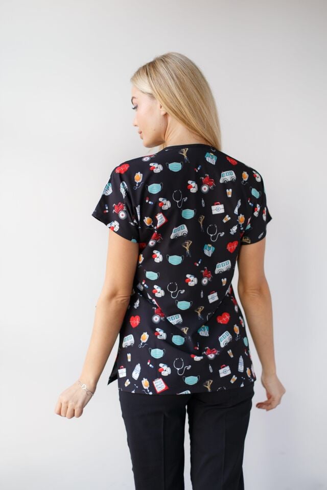 Kadın Likralı Yarasa Kol Hemşire Doktor Takım Maske Desenli Siyah