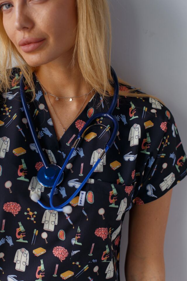 Kadın Likralı Yarasa Kol Hemşire Doktor Mikroskop Desenli Tek Üst Forma