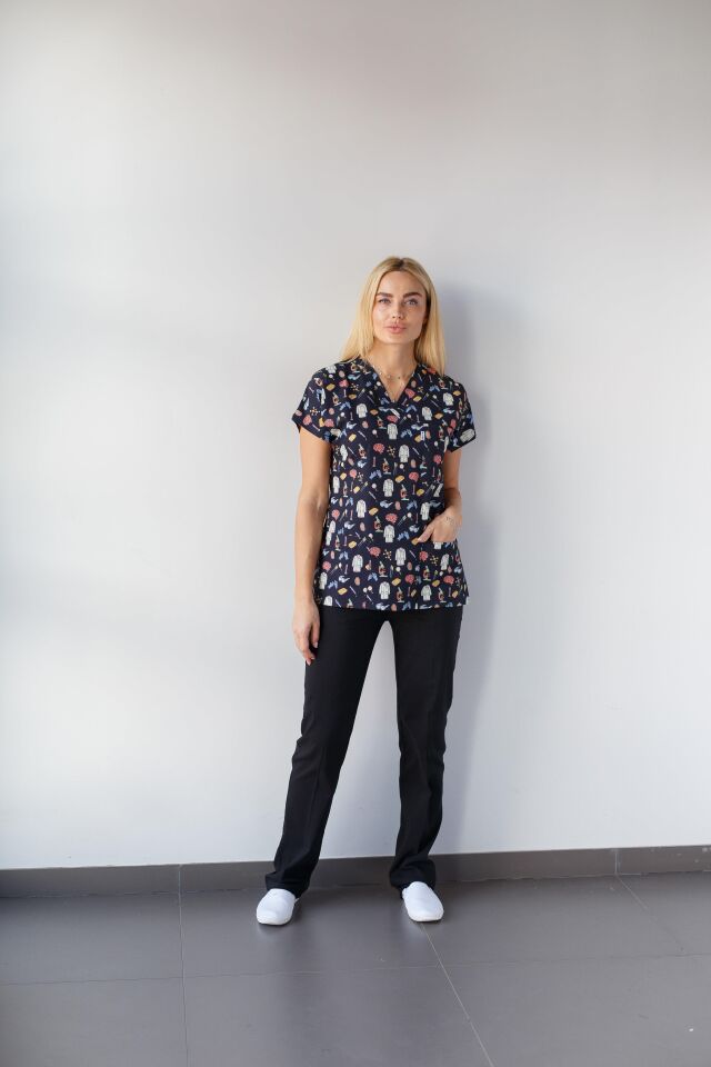 Kadın Likralı Yarasa Kol Hemşire Doktor Mikroskop Desenli Tek Üst Forma