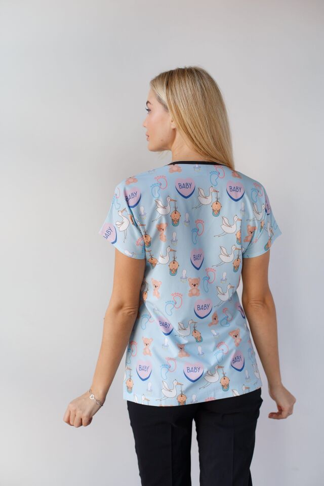 Kadın Likralı Yarasa Kol Hemşire Doktor Ebe Desenli Tek Üst Forma