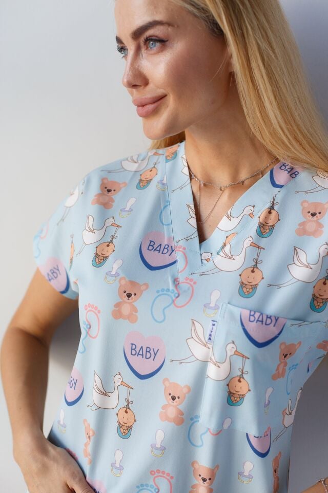 Kadın Likralı Yarasa Kol Hemşire Doktor Ebe Desenli Tek Üst Forma