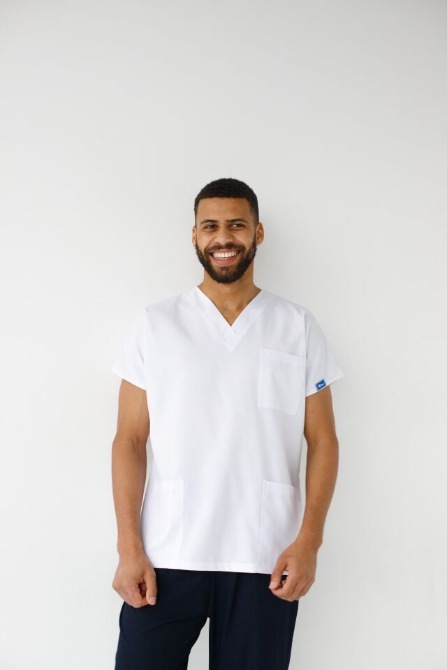 Erkek Likralı Yarasa Kol Hemşire Doktor Takım Üst Beyaz -Alt Lacivert