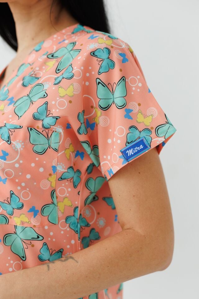 Kadın Likralı Yarasa Kol Hemşire Doktor Takım Yeşil Kelebek Desenli Tek Üst Forma