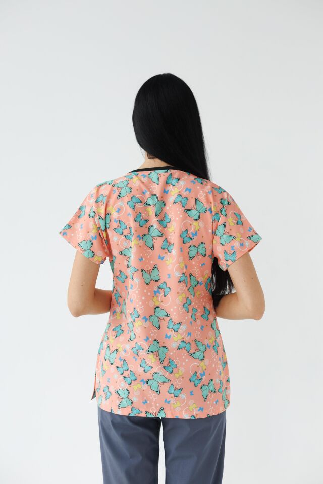 Kadın Likralı Yarasa Kol Hemşire Doktor Takım Yeşil Kelebek Desenli Tek Üst Forma