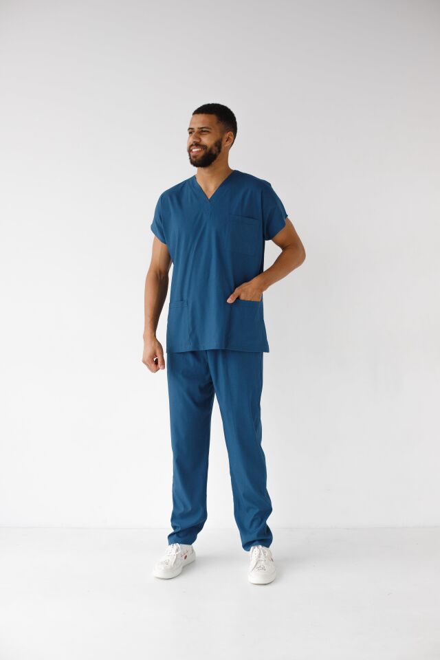Erkek Likralı Yarasa Kol Hemşire Doktor Takım Petrol Mavi