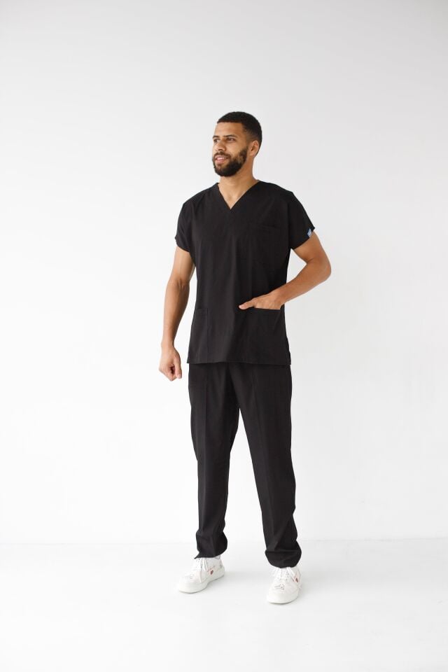 Erkek Likralı Yarasa Kol Hemşire Doktor Takım Siyah
