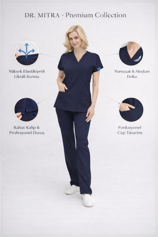 Lacivert Likralı Hemşire Doktor Forması Unisex Cerrahi Takım Scrubs Üniforma