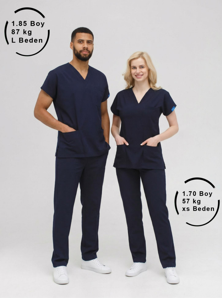 Lacivert Likralı Hemşire Doktor Forması Unisex Cerrahi Takım Scrubs Üniforma