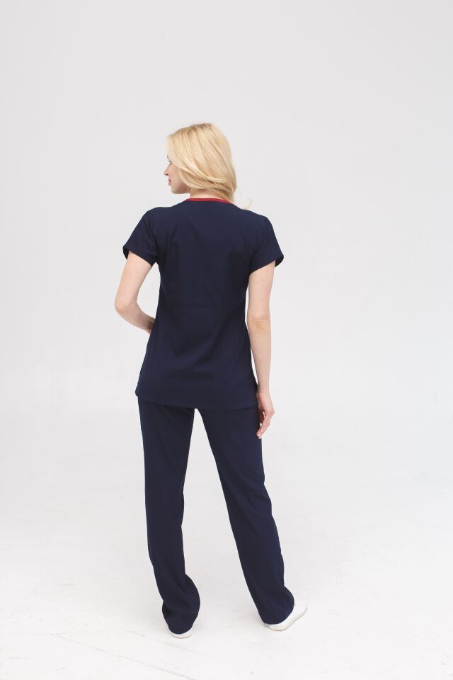 Lacivert Likralı Hemşire Doktor Forması Unisex Cerrahi Takım Scrubs Üniforma