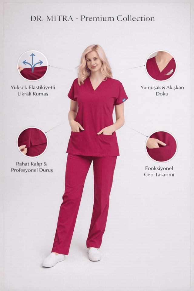 Vişne Likralı Hemşire Doktor Forması Unisex Cerrahi Takım Scrubs Üniforma