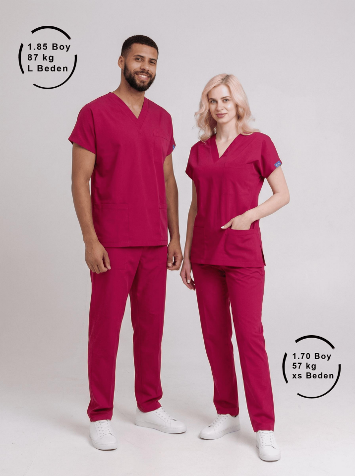 Vişne Likralı Hemşire Doktor Forması Unisex Cerrahi Takım Scrubs Üniforma