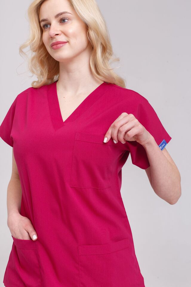 Vişne Likralı Hemşire Doktor Forması Unisex Cerrahi Takım Scrubs Üniforma