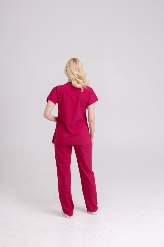 Vişne Likralı Hemşire Doktor Forması Unisex Cerrahi Takım Scrubs Üniforma