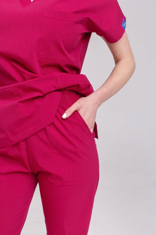 Vişne Likralı Hemşire Doktor Forması Unisex Cerrahi Takım Scrubs Üniforma