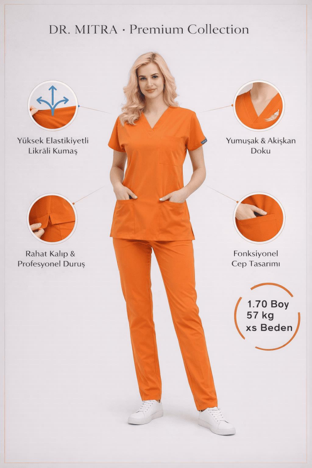 Turuncu Likralı Hemşire Doktor Forması Unisex Cerrahi Takım Scrubs Üniforma