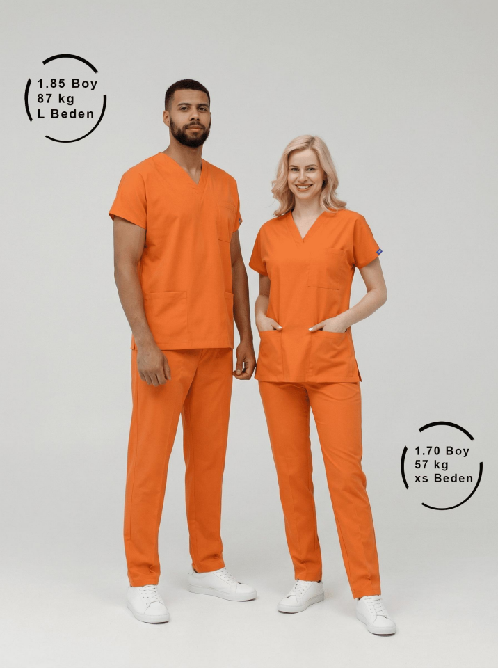 Turuncu Likralı Hemşire Doktor Forması Unisex Cerrahi Takım Scrubs Üniforma