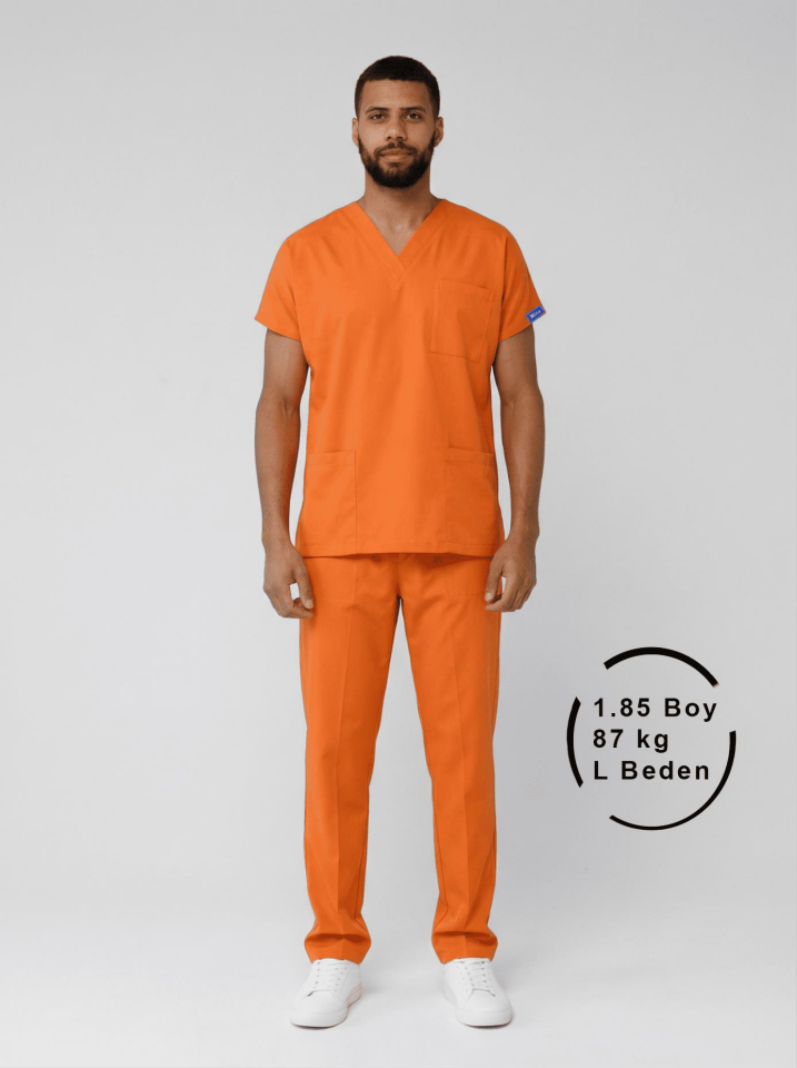 Turuncu Likralı Hemşire Doktor Forması Unisex Cerrahi Takım Scrubs Üniforma