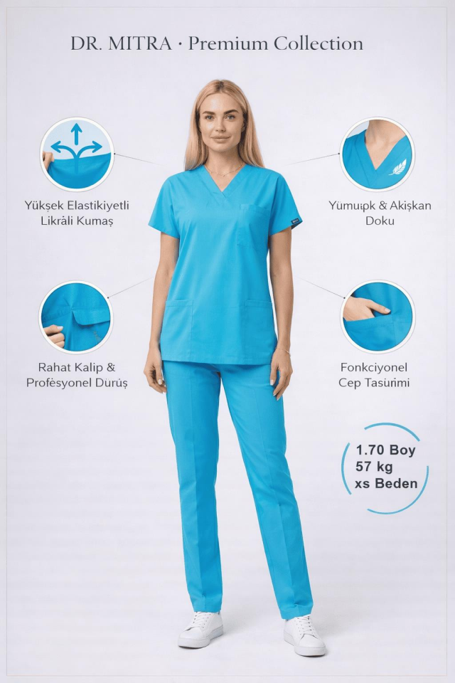 Turkuaz Likralı Hemşire Doktor Forması Unisex Cerrahi Takım Scrubs Üniforma