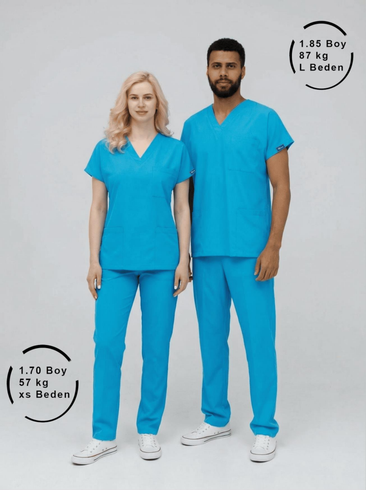 Turkuaz Likralı Hemşire Doktor Forması Unisex Cerrahi Takım Scrubs Üniforma