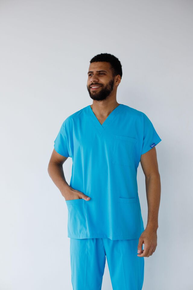 Turkuaz Likralı Hemşire Doktor Forması Unisex Cerrahi Takım Scrubs Üniforma