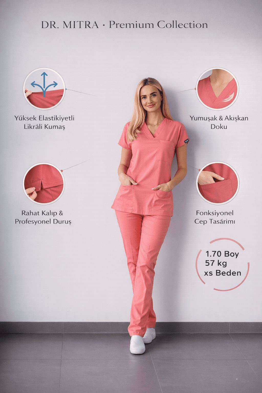 Somon Likralı Hemşire Doktor Forması Unisex Cerrahi Takım Scrubs Üniforma