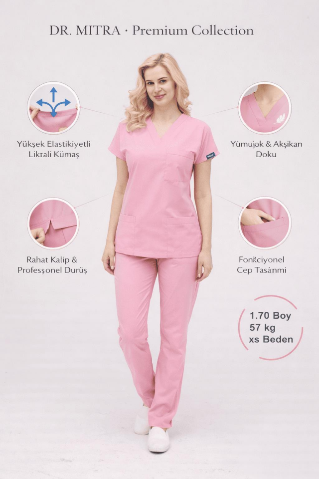 Pembe Likralı Hemşire Doktor Forması Unisex Cerrahi Takım Scrubs Üniforma