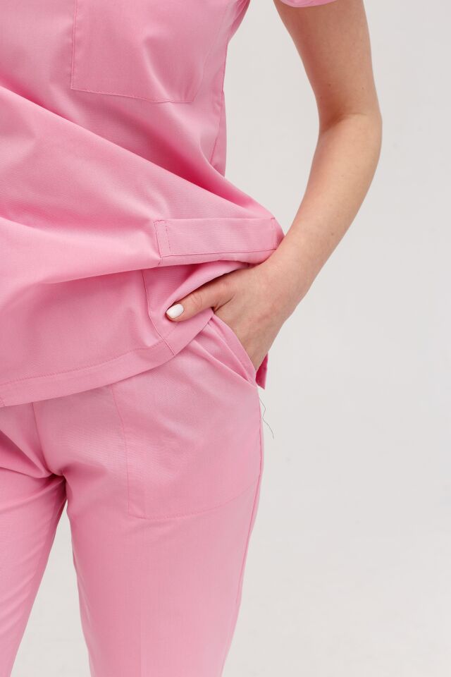 Pembe Likralı Hemşire Doktor Forması Unisex Cerrahi Takım Scrubs Üniforma