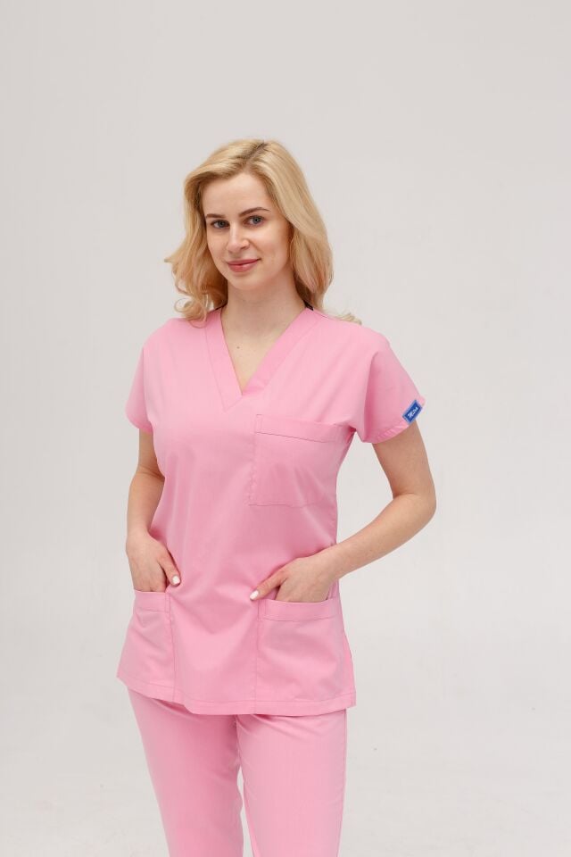 Pembe Likralı Hemşire Doktor Forması Unisex Cerrahi Takım Scrubs Üniforma