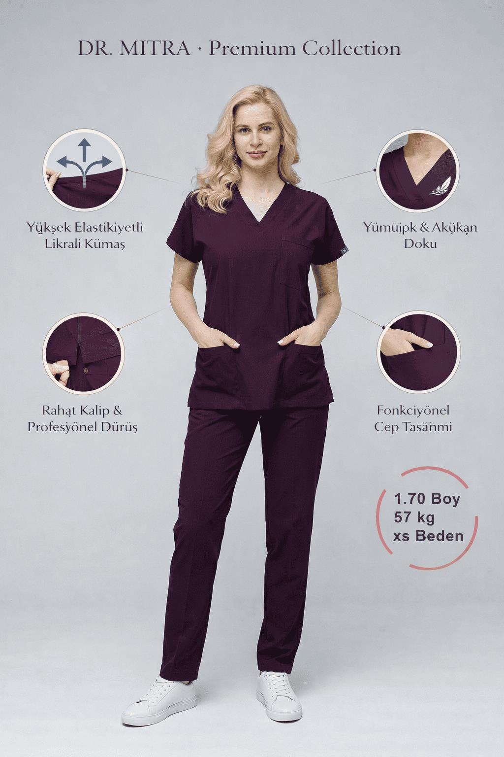 Mürdüm Likralı Hemşire Doktor Forması Unisex Cerrahi Takım Scrubs Üniforma