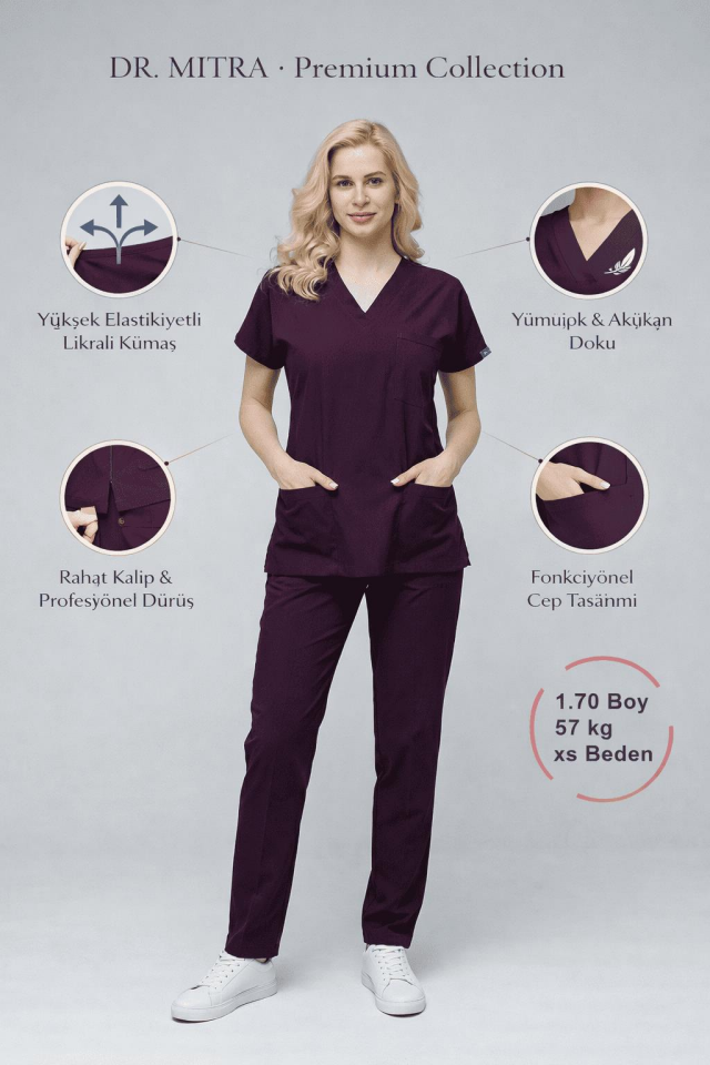 Mürdüm Likralı Hemşire Doktor Forması Unisex Cerrahi Takım Scrubs Üniforma