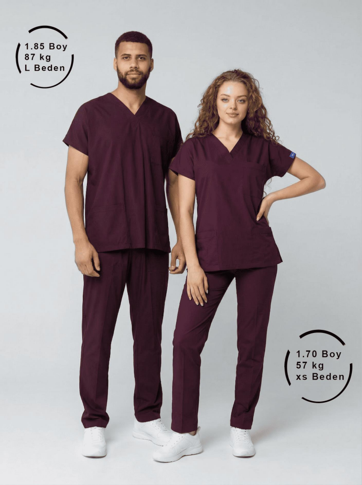 Mürdüm Likralı Hemşire Doktor Forması Unisex Cerrahi Takım Scrubs Üniforma