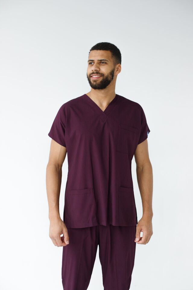 Mürdüm Likralı Hemşire Doktor Forması Unisex Cerrahi Takım Scrubs Üniforma