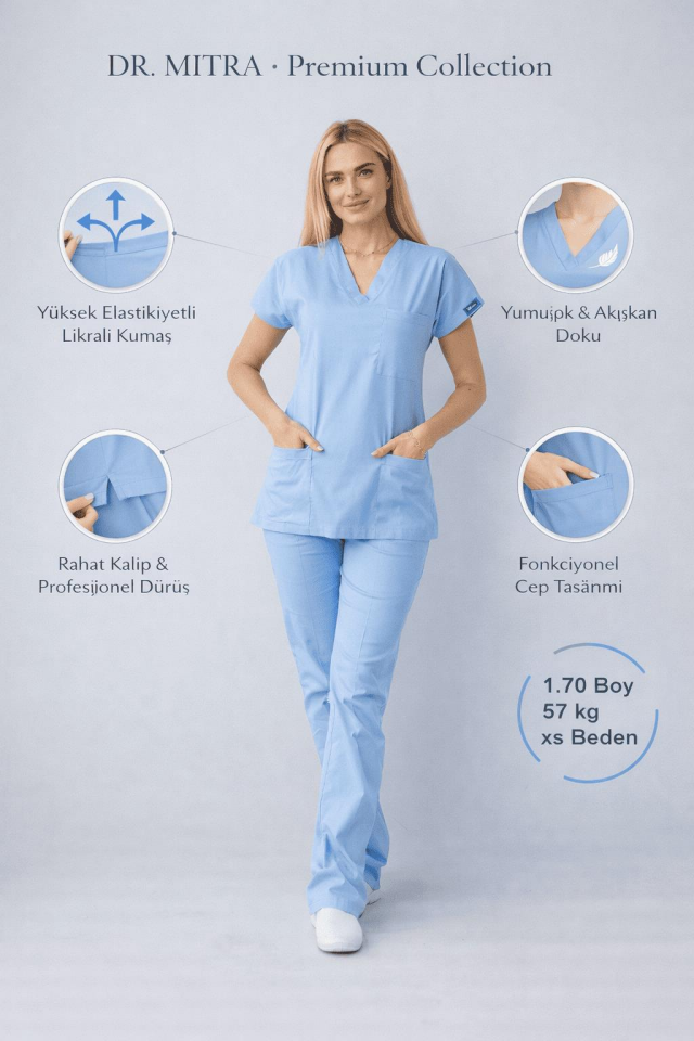 Açık Mavi Likralı Hemşire Doktor Forması Unisex Cerrahi Takım Scrubs Üniforma