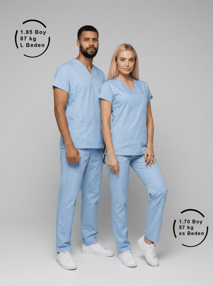 Açık Mavi Likralı Hemşire Doktor Forması Unisex Cerrahi Takım Scrubs Üniforma