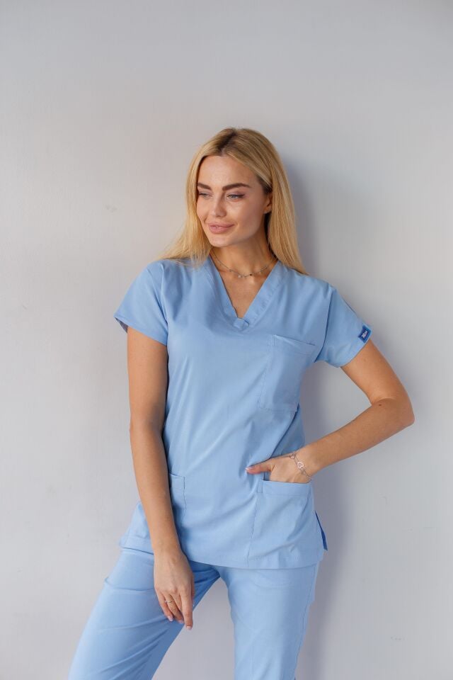 Açık Mavi Likralı Hemşire Doktor Forması Unisex Cerrahi Takım Scrubs Üniforma
