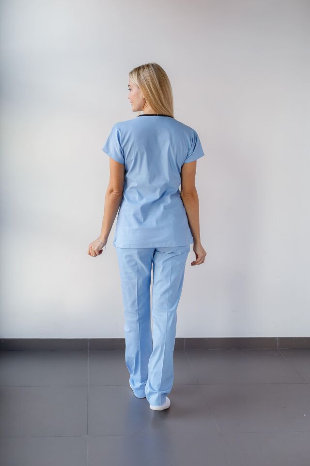 Açık Mavi Likralı Hemşire Doktor Forması Unisex Cerrahi Takım Scrubs Üniforma