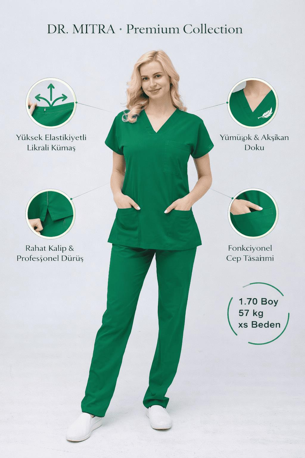 Ameliyathane Yeşili Likralı Hemşire Doktor Forması Unisex Cerrahi Takım Scrubs Üniforma