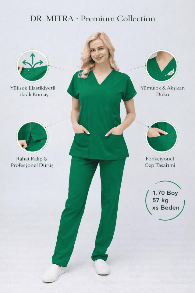 Ameliyathane Yeşili Likralı Hemşire Doktor Forması Unisex Cerrahi Takım Scrubs Üniforma