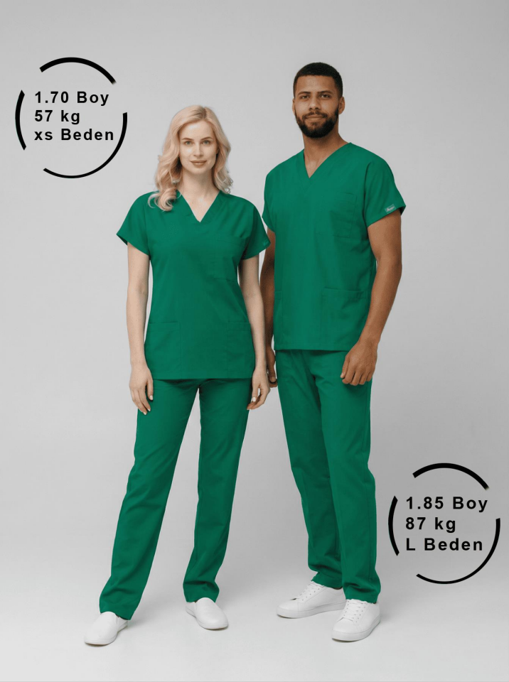 Ameliyathane Yeşili Likralı Hemşire Doktor Forması Unisex Cerrahi Takım Scrubs Üniforma