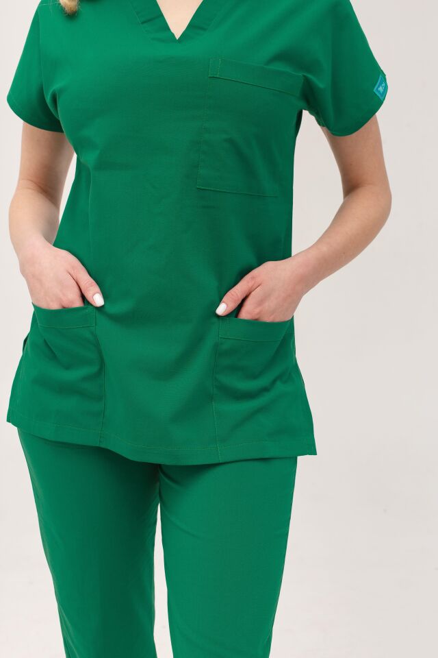 Ameliyathane Yeşili Likralı Hemşire Doktor Forması Unisex Cerrahi Takım Scrubs Üniforma