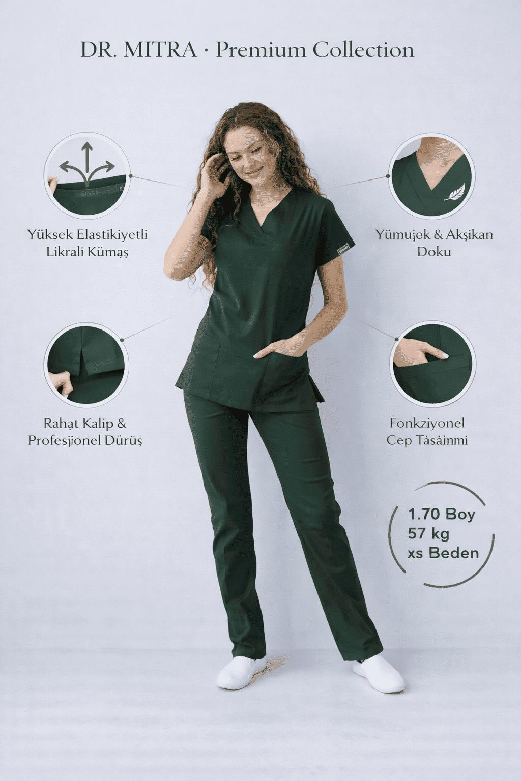Avcı Yeşili Likralı Hemşire Doktor Forması Unisex Cerrahi Takım Scrubs Üniforma