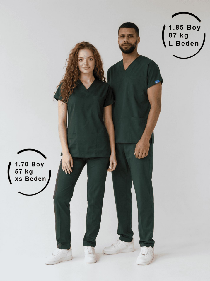 Avcı Yeşili Likralı Hemşire Doktor Forması Unisex Cerrahi Takım Scrubs Üniforma