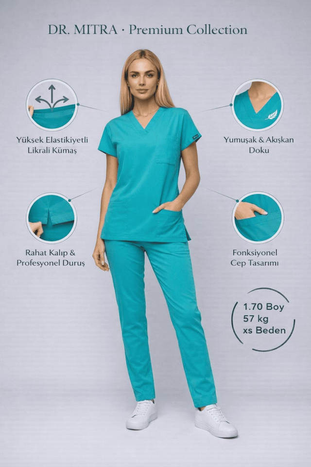 Benetton Yeşili Likralı Hemşire Doktor Forması Unisex Cerrahi Takım Scrubs Üniforma