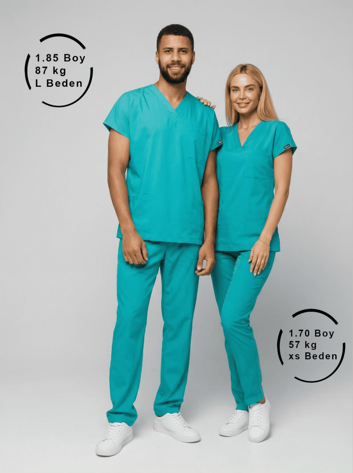 Benetton Yeşili Likralı Hemşire Doktor Forması Unisex Cerrahi Takım Scrubs Üniforma