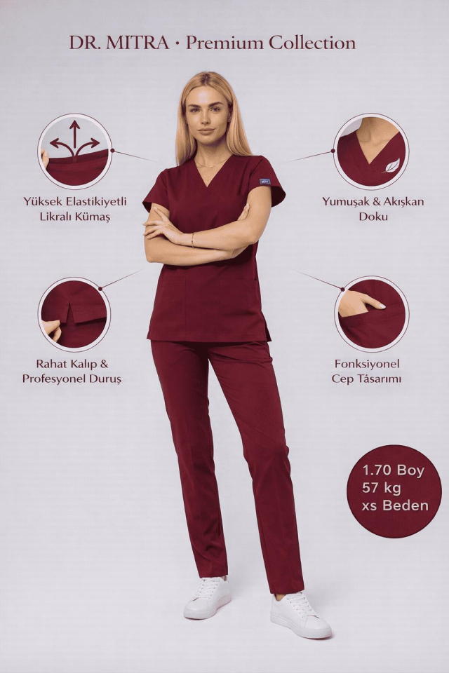 Bordo Likralı Hemşire Doktor Forması Unisex Cerrahi Takım Scrubs Üniforma