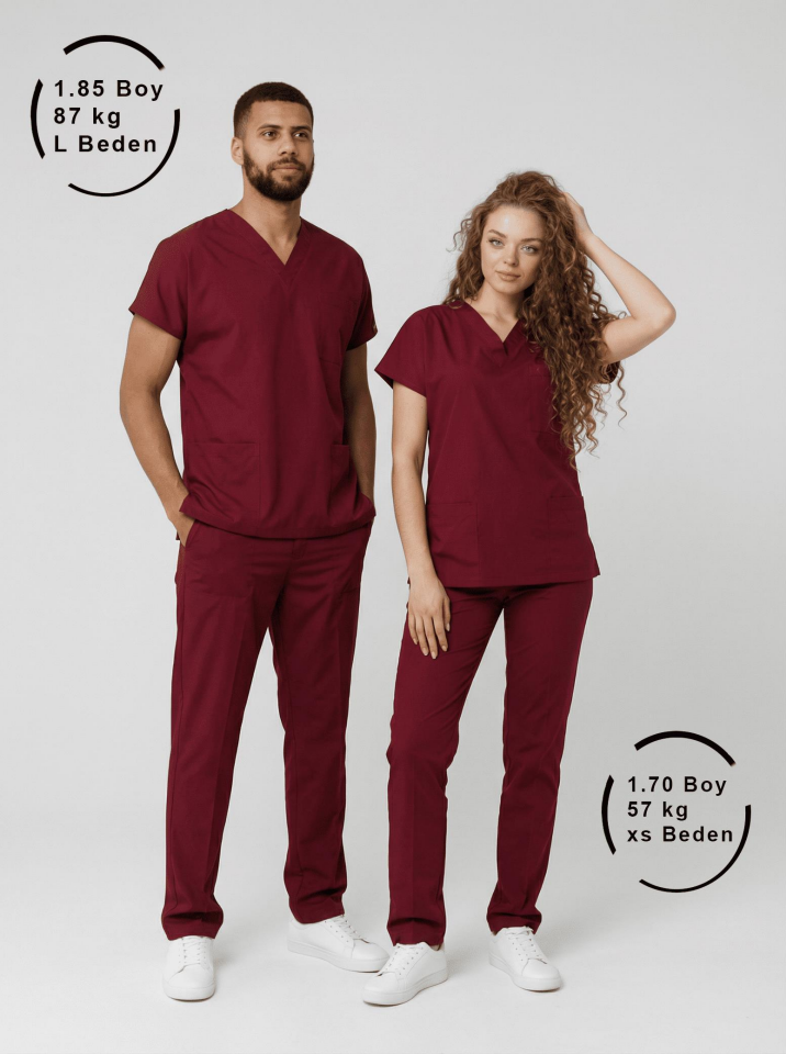 Bordo Likralı Hemşire Doktor Forması Unisex Cerrahi Takım Scrubs Üniforma