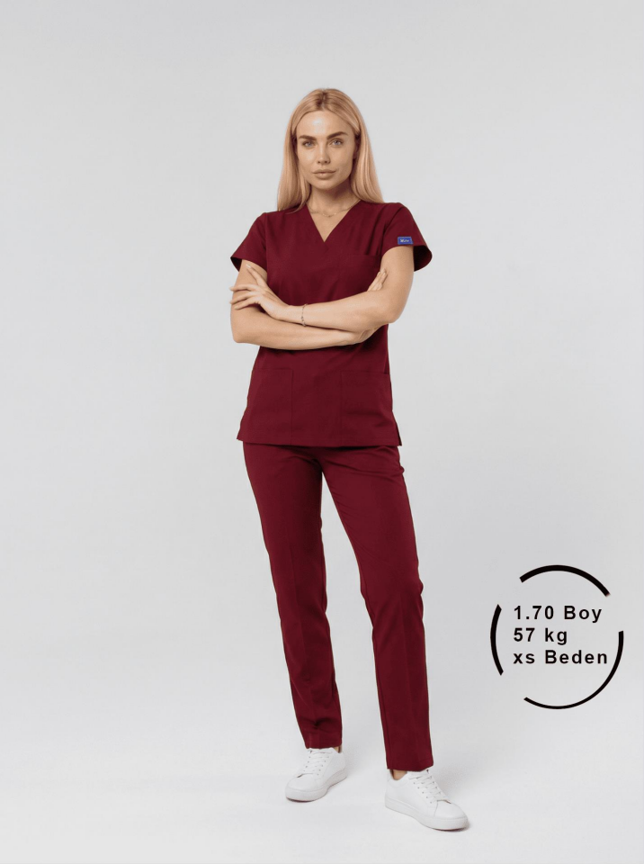 Bordo Likralı Hemşire Doktor Forması Unisex Cerrahi Takım Scrubs Üniforma