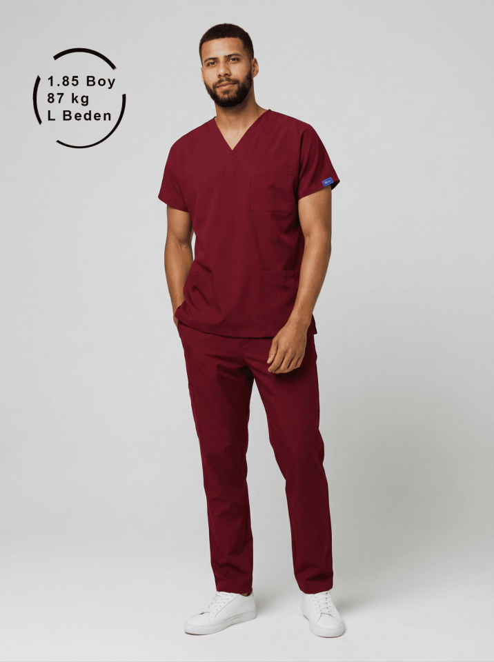 Bordo Likralı Hemşire Doktor Forması Unisex Cerrahi Takım Scrubs Üniforma